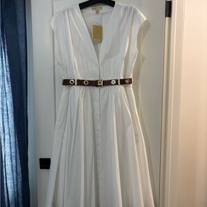 Michael Kors White Midi Dress with Brown Belt